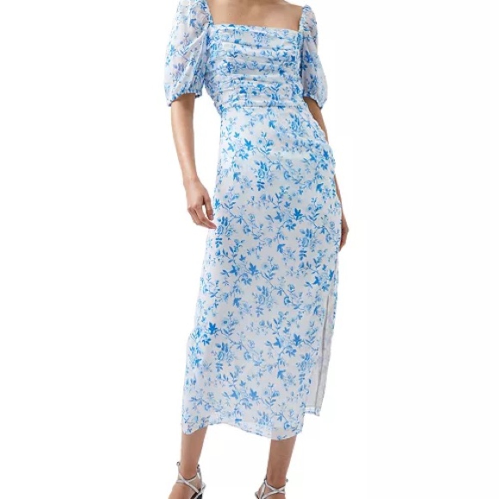 NWT French Connection Catrina Crinkle Ruched Floral Blue Dress, Size Xsmall
